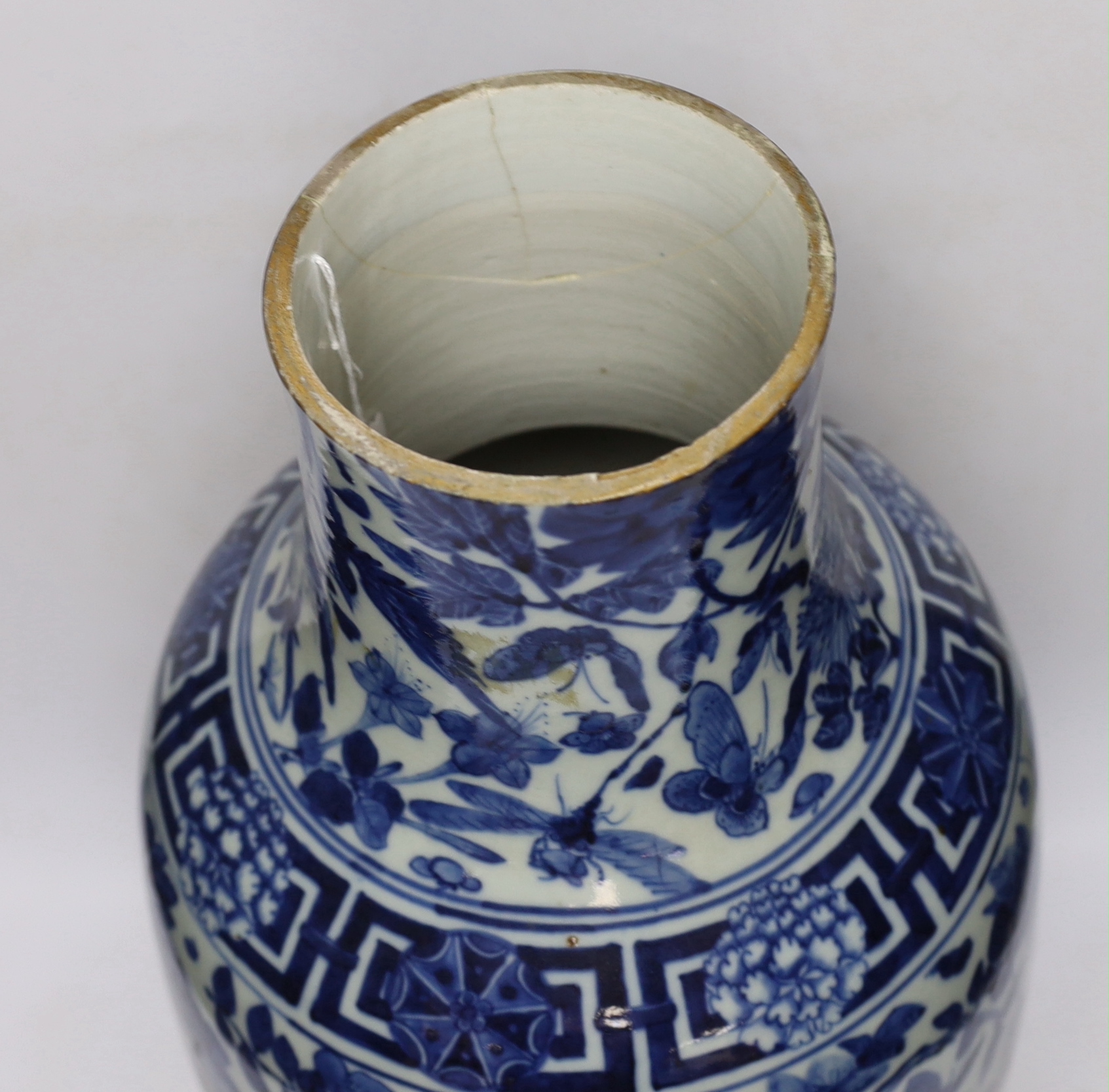 A large Chinese blue and white ‘birds amid foliage’ vase, late 19th century, 54cm